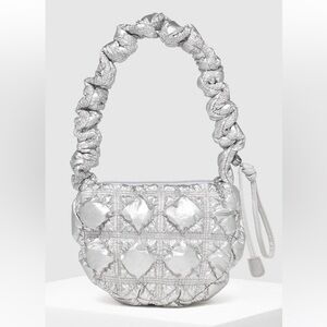 NWT Carlyn Poing Metallic Silver Quilted Shoulder Bag with Ruched Strap